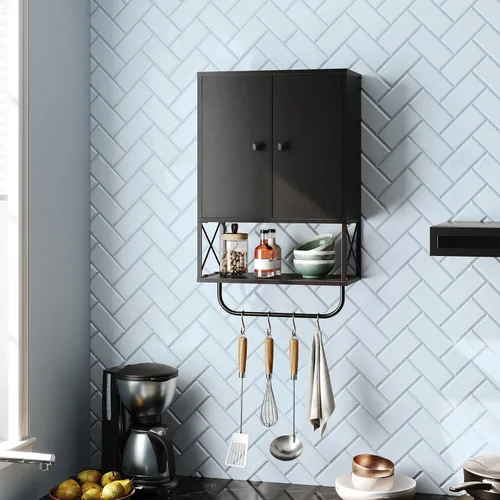 Miniatura 9 de MAHANCRIS Armario de pared de baño con 2 puertas y estante ajustable, botiquín de granja con toallero, armario de almacenamiento montado en la pared