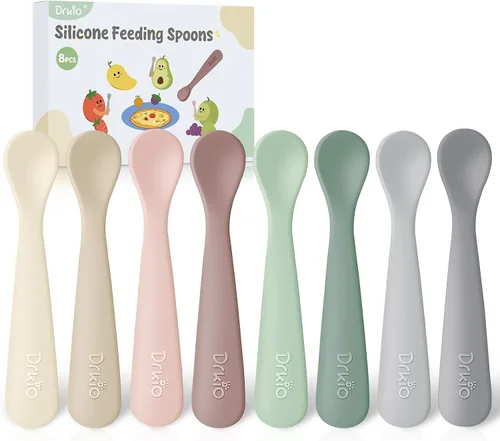 DRKIO Cucharas de silicona para bebés de 8 piezas, cucharas para bebés, primera etapa, autoalimentación, suministros de destete para bebés,