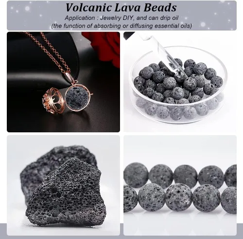 Miniatura 4 de PH PandaHall 480 cuentas de lava gris de 0.315 pulgadas con cuentas de lava natural, difusor de aceite, cuentas de chakras, cuentas redondas sueltas
