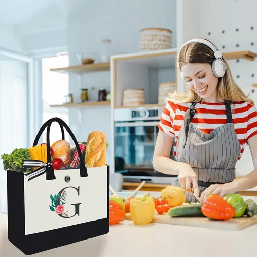 Miniatura 29 de Bolsa de lona con inicial, regalos de cumpleaños personalizados para mujeres, madres, amigas y profesoras, bolsas de mano con monograma adecuadas
