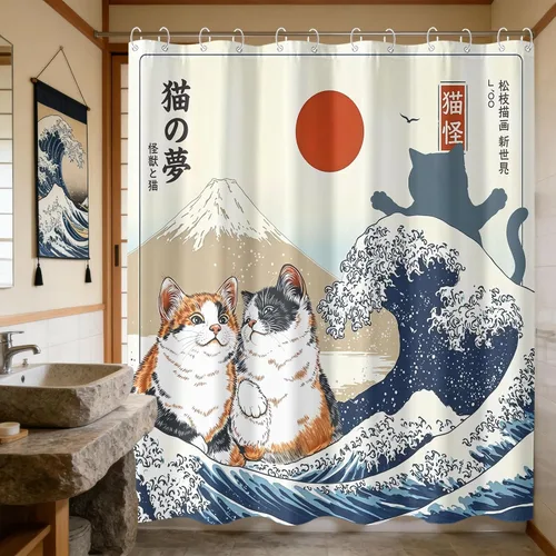 Miniatura 8 de Juego de cortinas de ducha relajadas con diseño de ondas de arte japonés impermeable, cortina de ducha para baño, divertida escena de vacaciones