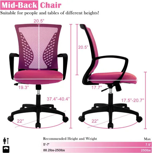 Miniatura 18 de Silla de oficina en casa, silla de escritorio ergonómica, respaldo medio, silla de computadora de PC con soporte lumbar y reposabrazos, silla