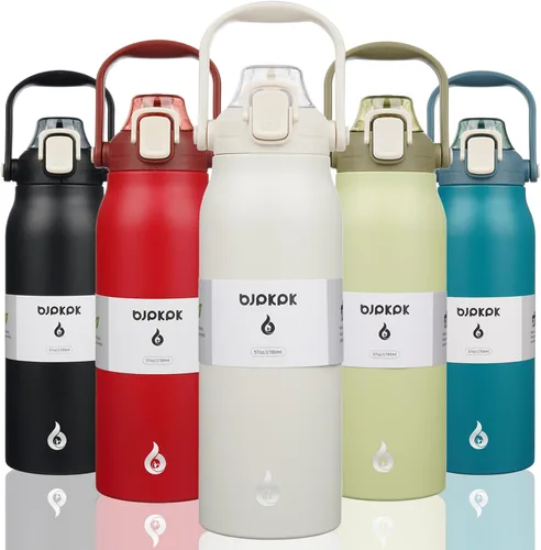 Miniatura 22 de BJPKPK - Botellas de agua aisladas con pajita, botellas de agua bonitas de 27 oz con asa, jarra de metal de acero inoxidable sin BPA, frascos 27 oz