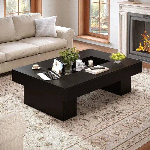 Miniatura 7 de LVB - Mesa de café negra, mesa de sala moderna de madera con LED y almacenamiento, mesa central única de gran tamaño y forma rectangular con luz
