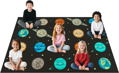 STARUIA Alfombra de aula con cara sonriente de planeta, 5 x 7.6 pulgadas, alfombra educativa circular para aula, preescolar, guardería, alfombra