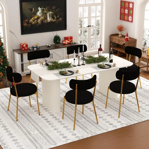 Miniatura 22 de Juego de mesa de comedor ovalada negra moderna de 70.9 pulgadas para 4, mesa de cocina rectangular estilo crema con sillas negras Boucle, juego