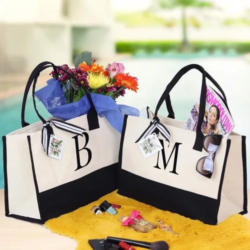 Miniatura 2 de Personalized Gift Monogram Initial 100% Cotton Two Tone Chic Tote Bag with Customize Option - Black
