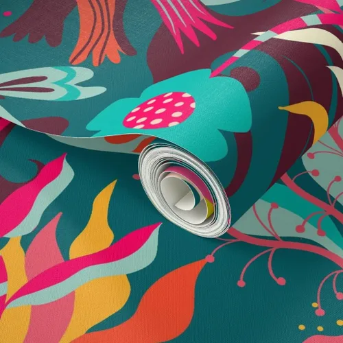 Miniatura 2 de Spoonflower Papel tapiz para despegar y pegar, flores brillantes de la selva florecen tropical, medianoche, exótico, papel tapiz extraíble