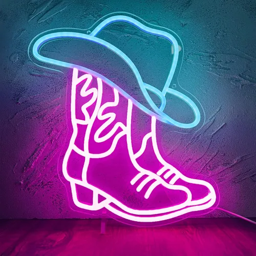 Letrero LED de Neón de Bota de Vaquero y Sombrero, Decoración de Pared del País Occidental para Bar, Cueva de Hombre, Garaje, Luz de Neón de Rodeo