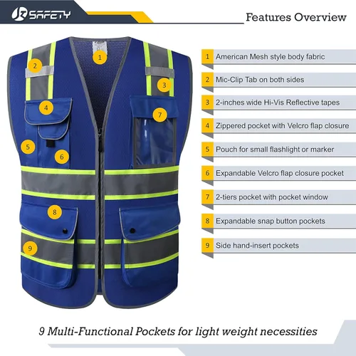 Miniatura 3 de JKSafety - Chaleco de seguridad azul con cremallera frontal de alta visibilidad, 9 bolsillos, azul con tiras reflectantes de doble tono, estándares