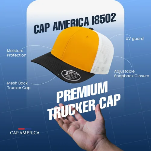 Miniatura 5 de Cap America i8502 Flexfit 110 Premium - Gorra de camionero de perfil medio con 6 paneles de malla trasera con protección UV y cierre ajustable Azul