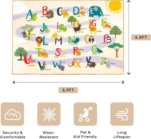 Miniatura 2 de Ashler - Alfombra infantil con alfabeto y animales para sala de juegos, 5.7 x 4.3 pies, alfombra de juego educativa para niños pequeños, alfombra