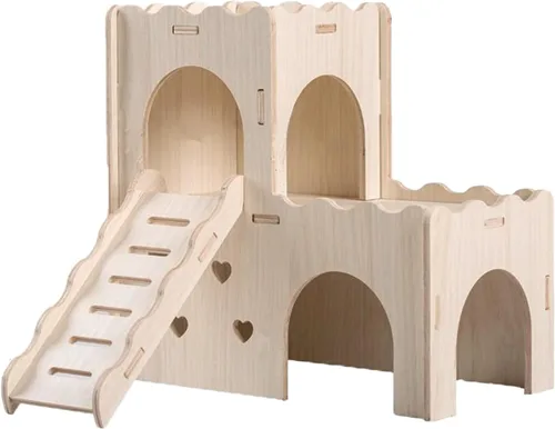 Miniatura 10 de Accesorios de jaula de escondite para hámster Sirvarni - Casa y hábitat de hámster en madera con cabaña oculta, escalera para escalar y tobogán