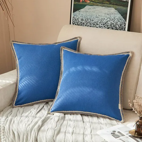 Miniatura 10 de FY FIBER HOUSE Paquete de 2 fundas de almohada decorativas de granja, lino sintético de arpillera con bordes a medida, fundas de cojín para sofá