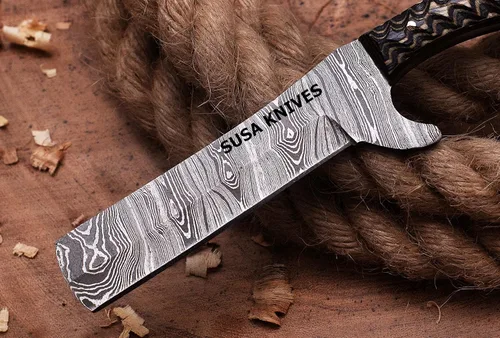 Miniatura 5 de Cuchillo Cortador de Toro de Acero Damasco Hecho a Mano, Cuchillo de Hoja Fija Vaquero, Mango de Madera, Cuchillo EDC Funda de Cuero PANCAKE Regalo