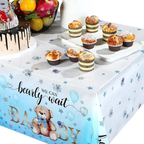 Miniatura 5 de Tegeme Paquete de 6 manteles de plástico con diseño de oso para baby shower, con texto en inglés «We Can Bearly Wait», para fiestas de cumpleaños