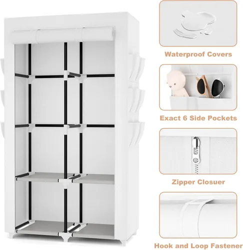 Miniatura 4 de VTRIN Armario Portátil Guardarropa Armario para Colgar Ropa con 4 Estantes de Almacenamiento, 2 Varillas para Colgar y 6 Bolsillos, Perchero Estable