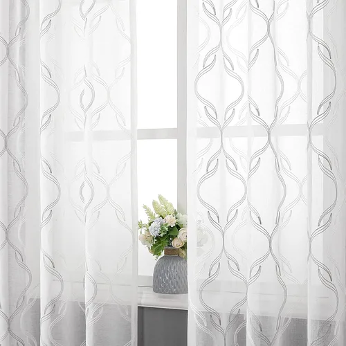 Miniatura 30 de VISIONTEX Cortinas traslúcidas blancas de 63 pulgadas de largo, juego de 2 paneles de bordado marroquí con puntos beige, tela de gasa bordada