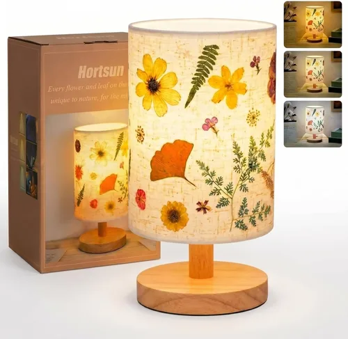 Hortsun Cottagecore - Lámpara de mesa vintage de flores prensadas, luz nocturna rústica bohemia decorativa, juego de caja de regalo para dormitorio,
