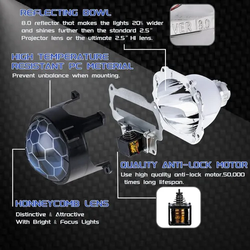 Miniatura 2 de Lente de proyector de panal azul de 2.5 pulgadas, mini lente de proyector bixenón con decoración de cubierta de 3.0 pulgadas para accesorios de Negro