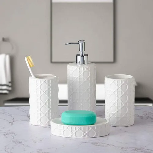Miniatura 8 de CAA'S - Juego de accesorios de baño de cerámica de 4 piezas para decoración de baño, incluye dispensador de loción, soporte para cepillos