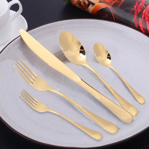 Miniatura 2 de Juego de cubiertos de acero inoxidable, juego de vajilla de 20 piezas, elegante cuchillo, tenedor, cuchara, cubiertos, servicio para 4 (dorado)