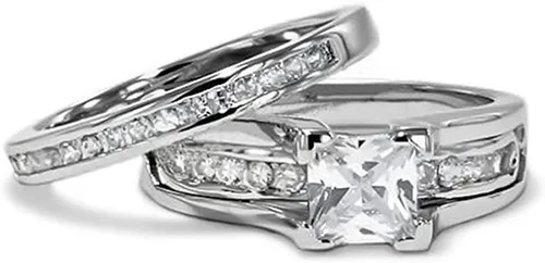 Miniatura 3 de Juego de anillos nupciales de plata de ley 925 de 3 quilates con circonita cúbica de corte princesa para mujer