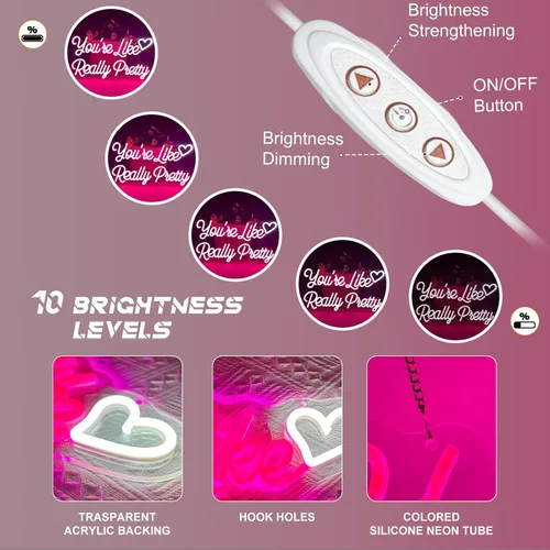 Miniatura 4 de Letrero de neón con texto en inglés "You're Like Really Pretty" para decoración de pared, luz LED de neón en forma de corazón, letreros de neón rosa