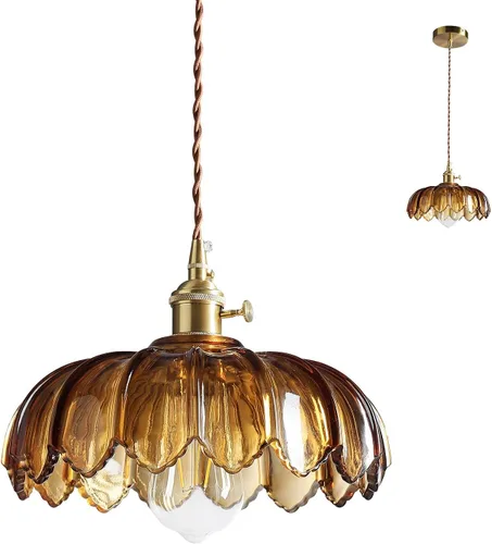 Miniatura 8 de XZHGCEE Lámparas colgantes Isla de cocina: Lámpara colgante de vidrio ámbar con interruptor giratorio, base E26 - Iluminación moderna para comedor