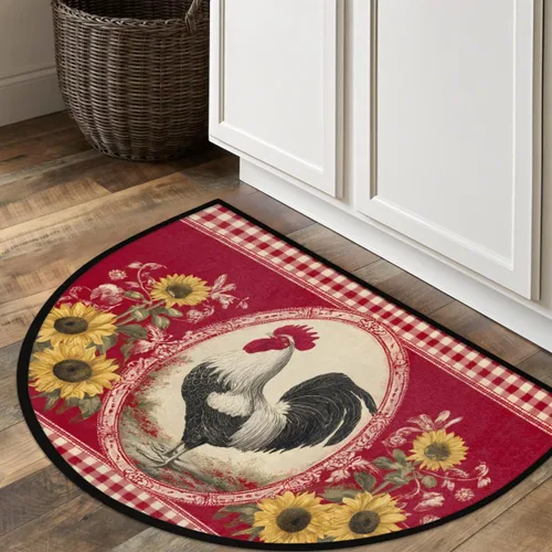 Miniatura 7 de Tapete semicircular de color rojo con girasol, antideslizante, de bienvenida para interiores, semicírculo, lavable, para baño, cocina, exterior