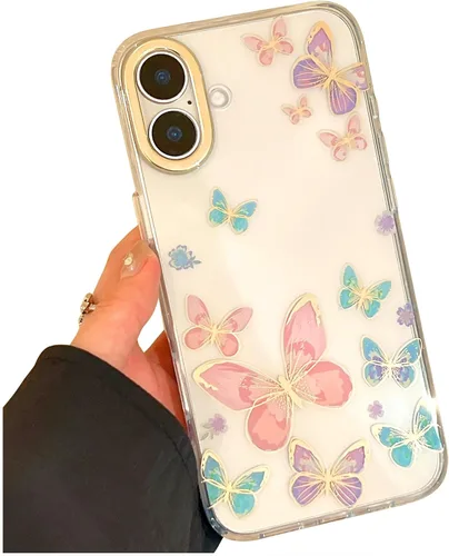 Miniatura 13 de Funda transparente con chispas brillantes para iPhone 15 Pro Max para mujeres y niñas, patrón de mariposas doradas, rosa y azul, funda protectora