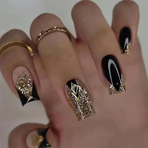 Miniatura 16 de 24 uñas postizas cuadradas de color negro brillante, de cobertura completa, con diseños de notas musicales, uñas postizas acrílicas con pegamento