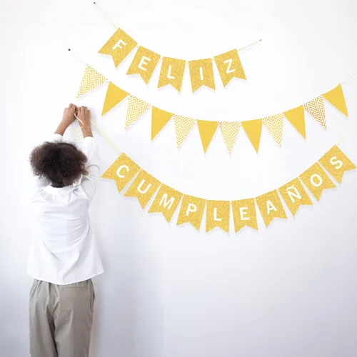 Miniatura 6 de Juego de decoración de Feliz Cumpleaños en español – Decoración de pastel de Feliz Cumpleaños Bandera Triángulo Bandera Oro Feliz Cumpleaños Banner