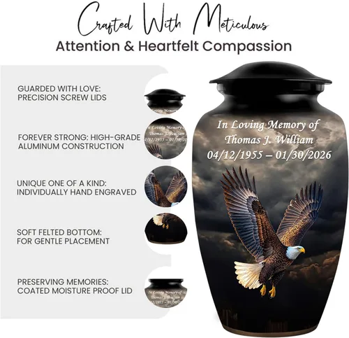 Miniatura 7 de Personalized Custom American Eagle Urn Set of 6 - Hand-Engraved Black Eagle Urns for Human Ashes Adult Female & Male, Includes 1 Large Adult Urn