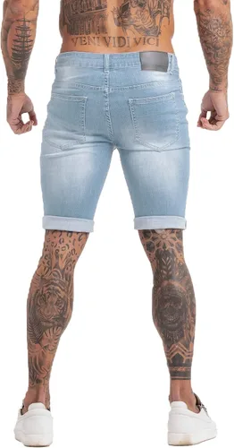 Miniatura 4 de GINGTTO Pantalones cortos de mezclilla para hombre, corte ajustado, elásticos, rasgados