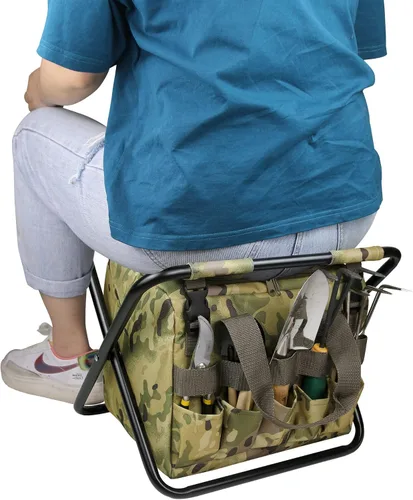 Miniatura 9 de Silla plegable 2 en 1 para acampar con bolsa de almacenamiento de herramientas, asiento de camuflaje para senderismo, asiento de pesca plegable
