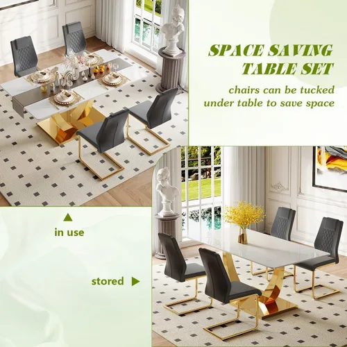 Miniatura 4 de Juego de mesa de comedor para 4, mesa de comedor de mármol sintético de 63 pulgadas con patas y base de acero inoxidable, sillas acolchadas