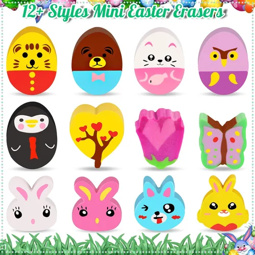 Miniatura 4 de Mini borradores de Pascua para niños, 240 unidades de borradores de huevo de Pascua, conejo, conejo, vacaciones, 12 estilos, lindos borradores