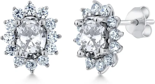Miniatura 71 de Gem Stone King Aretes ovalados de plata de ley 925 de 0.276 x 0.197 in con piedra natal de la princesa Diana, estilo halo real para mujeres