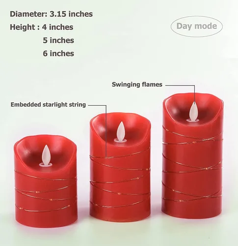 Miniatura 3 de DANIP - Vela LED roja sin llama con cuerda de estrella integrada, juego de 3 velas LED, con control remoto de 11 botones, función de temporizador
