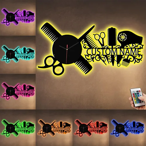 Miniatura 7 de Reloj de pared con nombre personalizado para dormitorio, sala de estar, cocina, barbería, peluquería, peluquería, herramienta de peluquería, Reloj