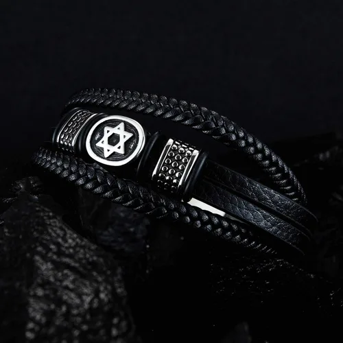 Miniatura 4 de Vanski - Pulsera de cuero trenzado multicapa de acero inoxidable diseño de estrella de David