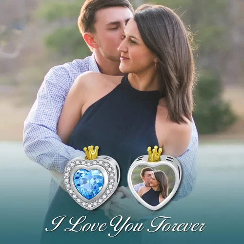 Miniatura 3 de LONAGO Abalorio personalizado con foto para mujer, plata de ley 925, con forma de corazón, piedra natal simulada