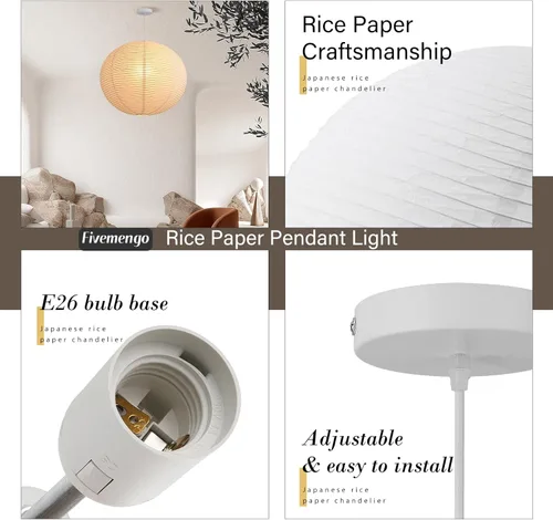 Miniatura 6 de Kit de luz colgante de papel de arroz grande, luces de linterna de papel de globo blanco de 20 pulgadas, base E26, lámpara de linterna colgante