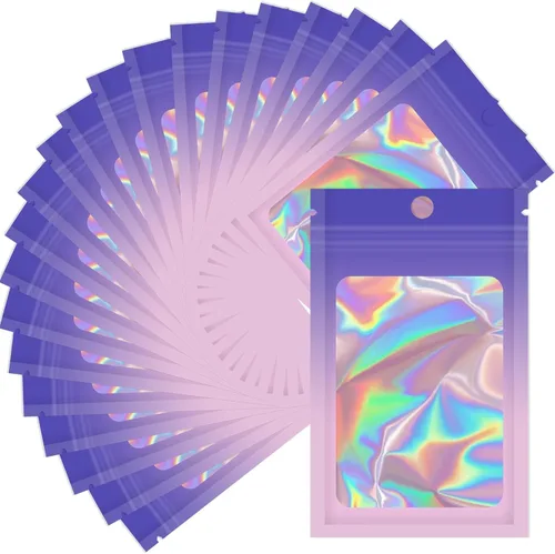 Miniatura 18 de Bolsas holográficas Mylar de 4 x 6 pulgadas, 100 bolsas pequeñas transparentes resellables a prueba de olores, bolsa de embalaje de plástico para 5