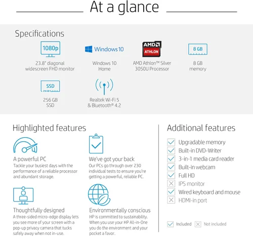 Miniatura 6 de HP - Computadora todo en uno de 24 pulgadas, procesador AMD Athlon Silver 3050U, 8 GB RAM, 256 GB SSD, Windows 10 Home (24-dd0010, blanco)