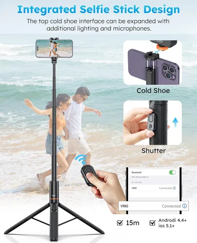 Miniatura 2 de VRIG - Trípode para selfie para teléfono de 63 pulgadas, trípode extensible para teléfono celular con control remoto inalámbrico, soporte de trípode