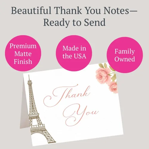 Miniatura 2 de Merci Thank You Cards - Notas de la Torre Eiffel, notas temáticas francesas con sobres (24 unidades)