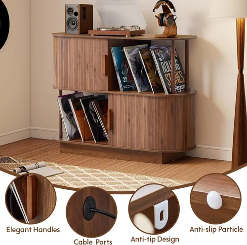 Miniatura 4 de Armario de almacenamiento para tocadiscos de vinilo de 40 pulgadas, mesa giratoria moderna de mediados de siglo con puerta corredera, estante