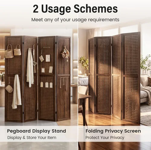 Miniatura 2 de Divisor de habitación de tablero de clavijas de 4 paneles, pantalla de privacidad plegable de 5.6 pies, organizador de madera independiente